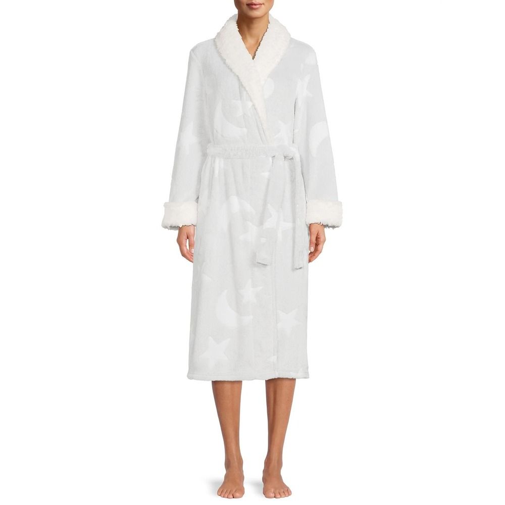 Secret Treasures Women's Sz XL 16-18 Plush Robe Light Gray White Moon Star Print